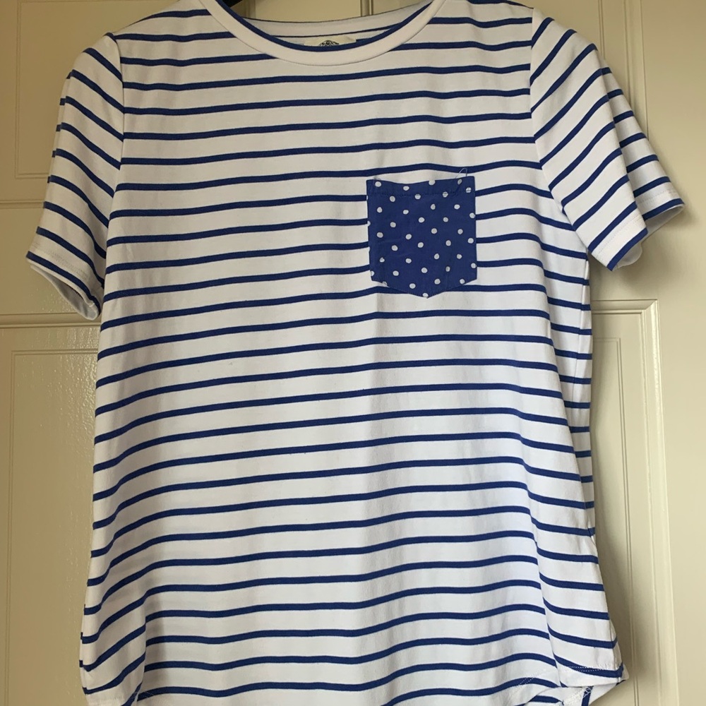 Navy and White Striped Women's Tee with Polka Dot Pocket